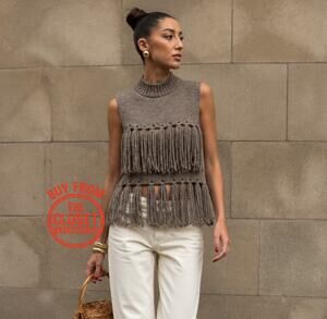 Zara NWT Taupe Fringe Wool Blend Sweater Vest L